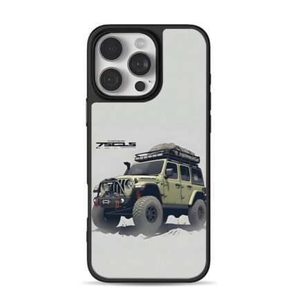 Green offroad Jeep Wrangler on sand iPhone 16 Pro Max Black Case
