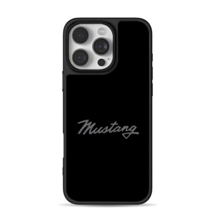 Grey cursive Mustang car brand logo iPhone 16 Pro Max Black Case