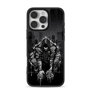Hooded grinning villain rainy street iPhone 16 Pro Max Black Case