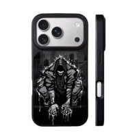 Hooded grinning villain rainy street iPhone 17 Pro Max Black Case