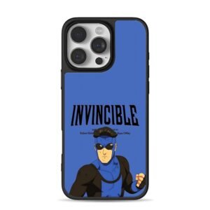 Invincible superhero text on blue iPhone 16 Pro Max Black Case