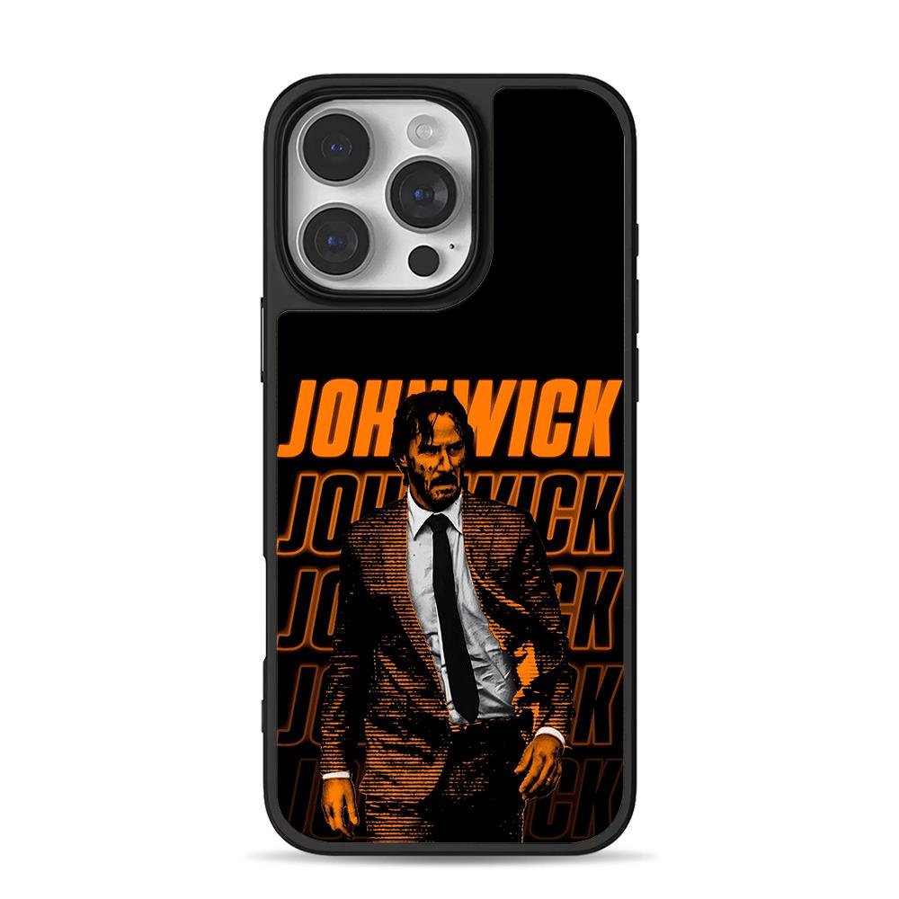 John Wick in suit with orange text iPhone 16 Pro Max Black Case John Wick in suit with orange text Phone Case for iPhone 11-17 & Samsung Galaxy S24-S26 - Image 1