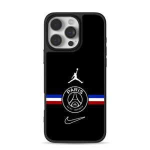 Jumpman PSG Nike logo French stripe iPhone 16 Pro Max Black Case