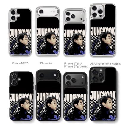 Jungkook portrait checkered text Chris Brown Phone Case Black Electroplated Silver For Iphone 11 To 17