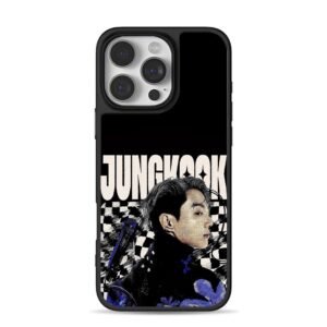Jungkook portrait checkered text Phone Case for iPhone 11-17 & Samsung Galaxy S24-S26