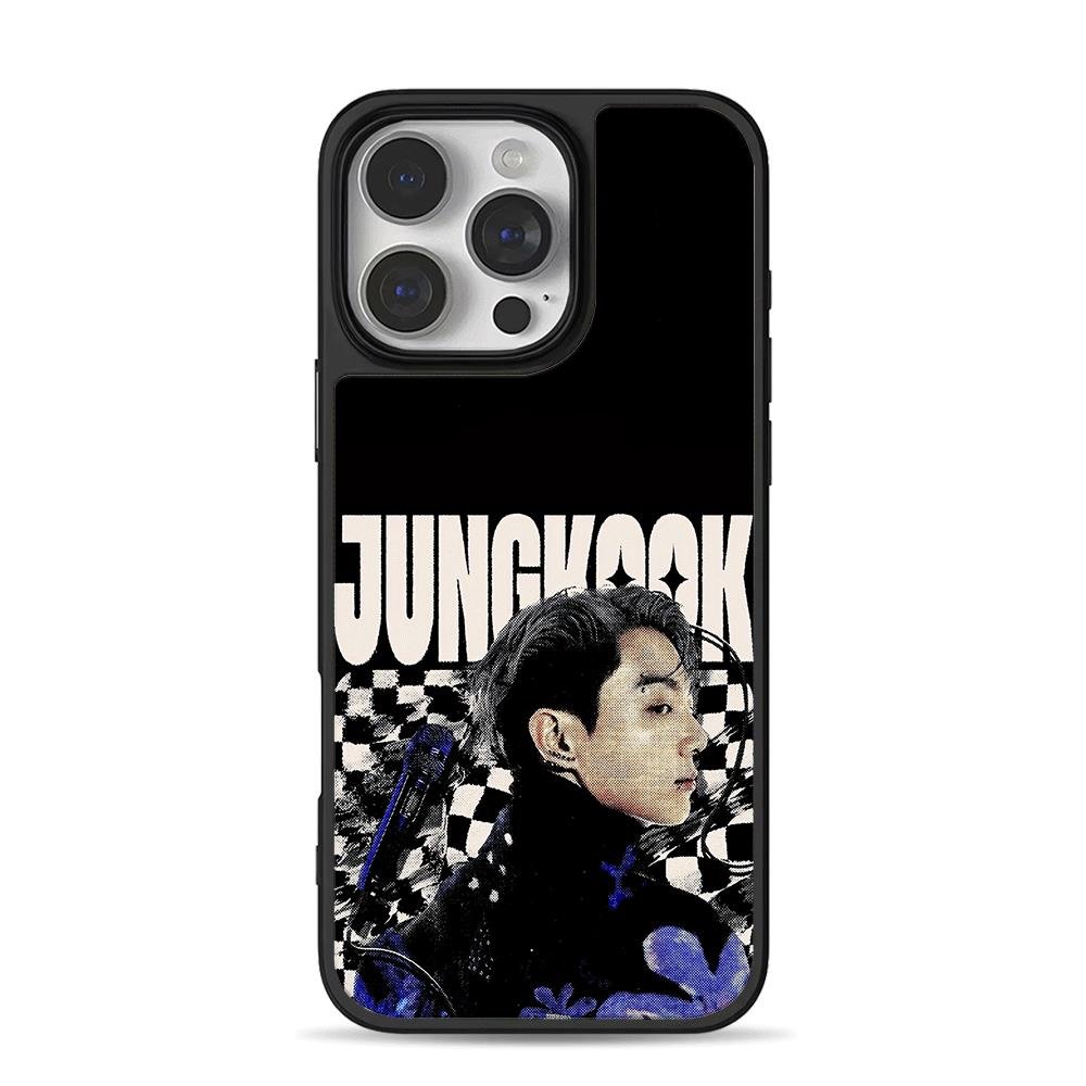 Jungkook portrait checkered text iPhone 16 Pro Max Black Case Jungkook portrait checkered text Phone Case for iPhone 11-17 & Samsung Galaxy S24-S26 - Image 1