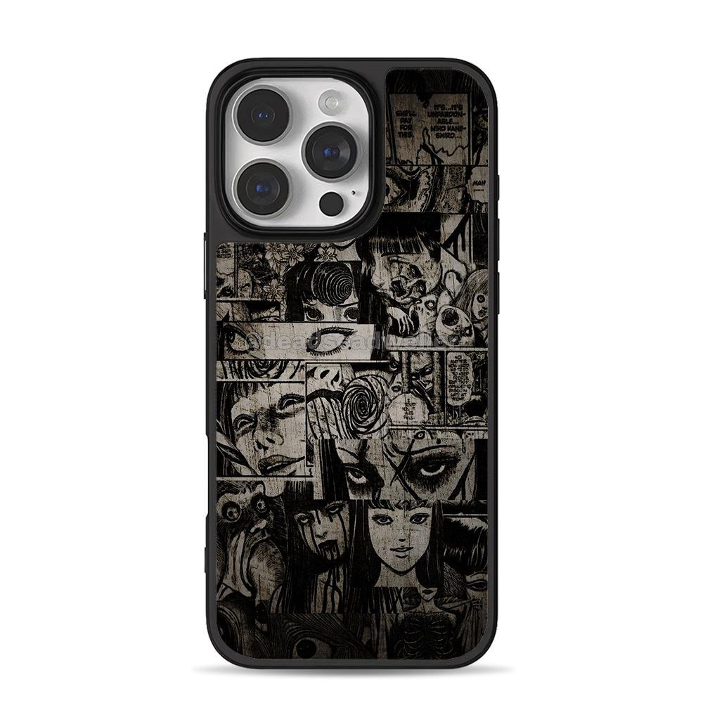 Junji Ito horror manga collage iPhone 16 Pro Max Black Case Junji Ito horror manga collage Phone Case for iPhone 11-17 & Samsung Galaxy S24-S26 - Image 1