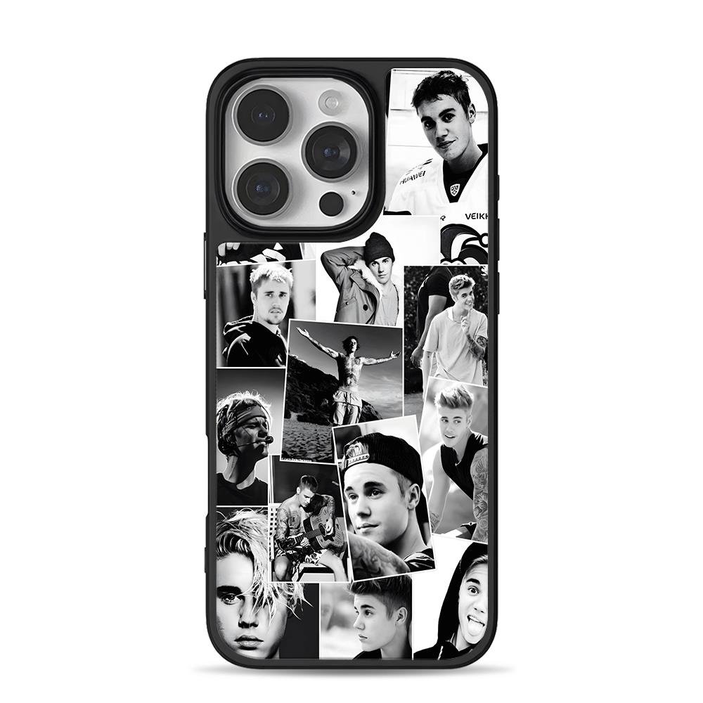 Justin Bieber bw photo collage iPhone 16 Pro Max Black Case Justin Bieber bw photo collage Phone Case for iPhone 11-17 & Samsung Galaxy S24-S26 - Image 1
