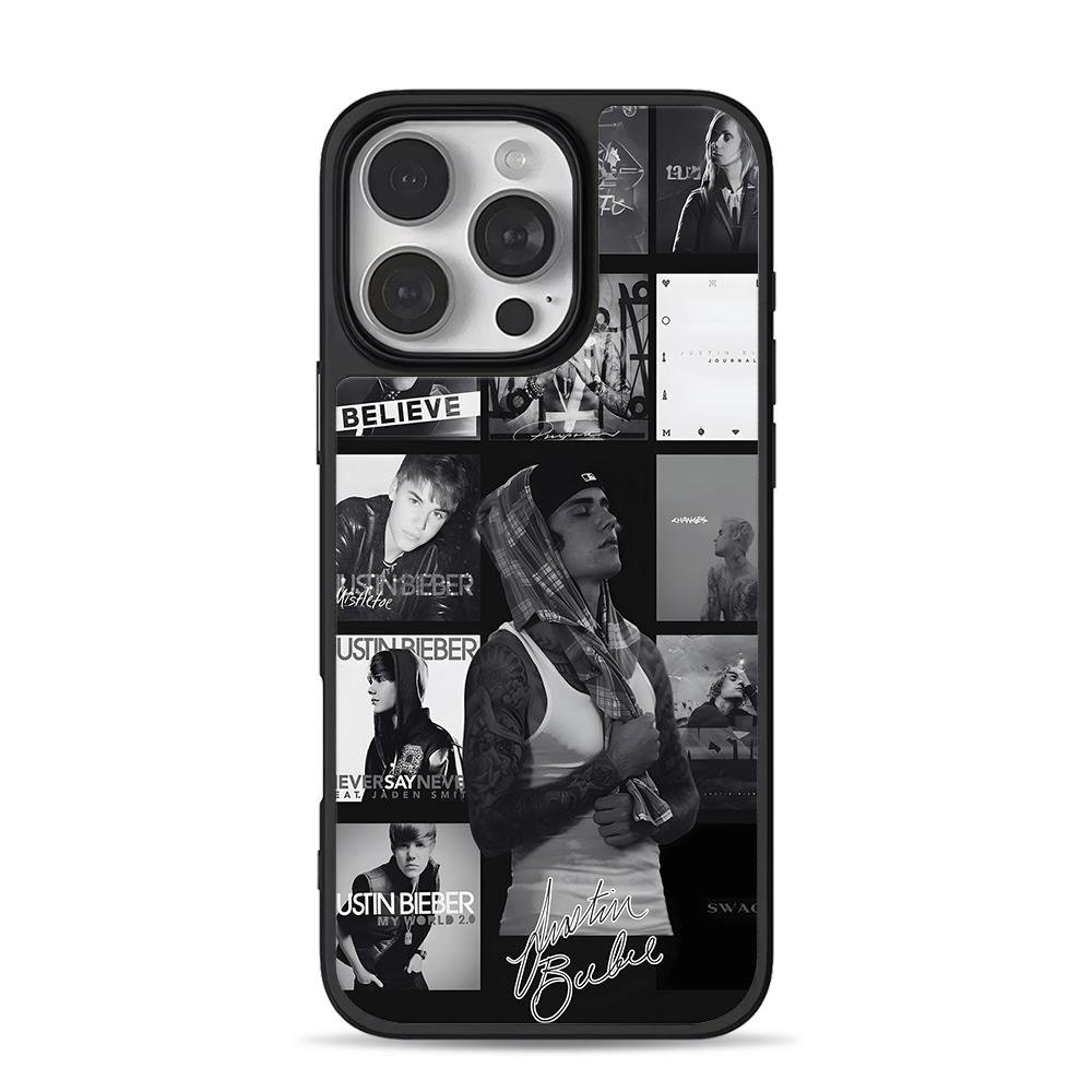 Justin Bieber BW photo collage iPhone 16 Pro Max Black Case Justin Bieber BW photo collage Phone Case for iPhone 11-17 & Samsung Galaxy S24-S26 - Image 1