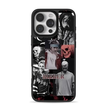 Justin Bieber collage with skulls iPhone 16 Pro Max Black Case