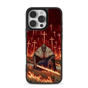 Kneeling knight flaming sword cross iPhone 16 Pro Max Black Case