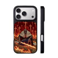 Kneeling knight flaming sword cross iPhone 17 Pro Max Black Case