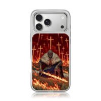 Kneeling knight flaming sword cross iPhone 17 Pro Max Electroplated Silver Case1