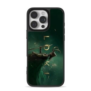 Loki with spear golden text green iPhone 16 Pro Max Black Case