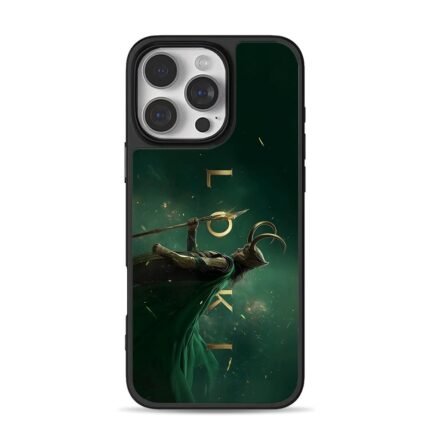 Loki with spear golden text green iPhone 16 Pro Max Black Case