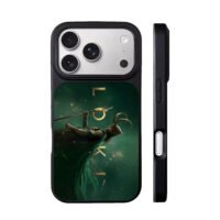 Loki with spear golden text green iPhone 17 Pro Max Black Case