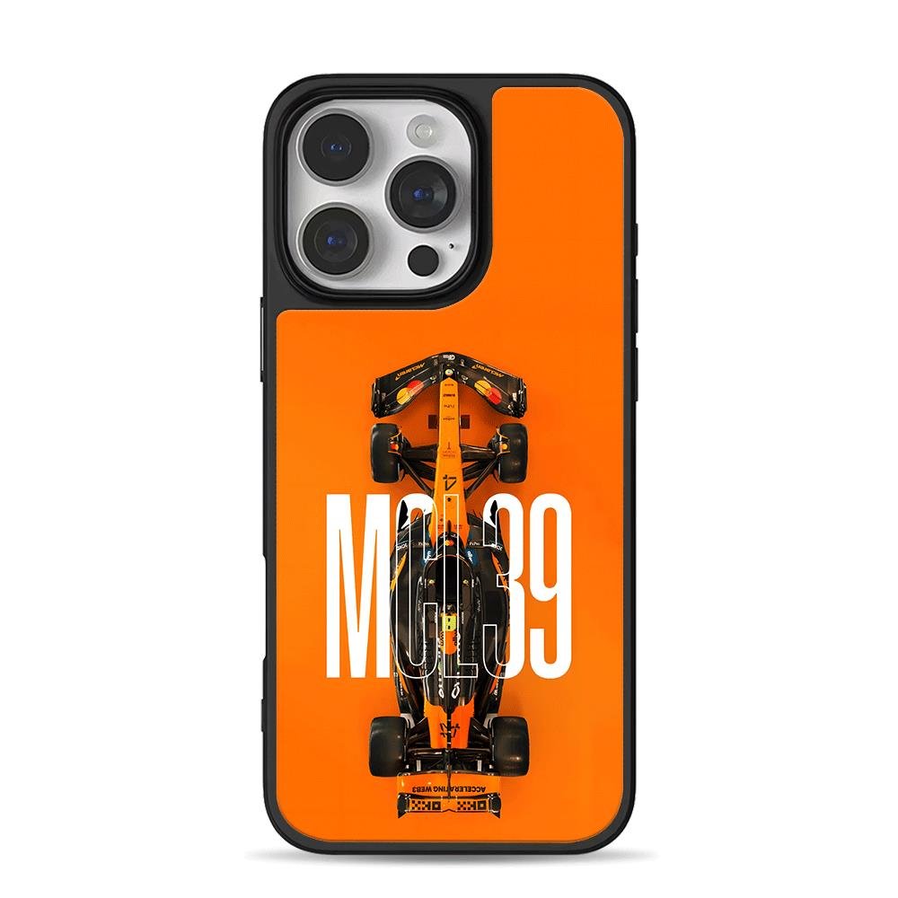 McLaren MCL39 F1 race car on orange iPhone 16 Pro Max Black Case McLaren MCL39 F1 race car on orange Phone Case for iPhone 11-17 & Samsung Galaxy S24-S26 - Image 1