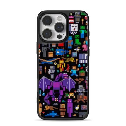 Minecraft pixel art with steve mobs iPhone 16 Pro Max Black Case