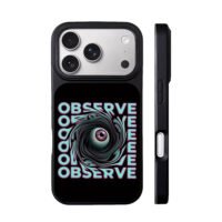Neon observe text with swirling eye iPhone 17 Pro Max Black Case