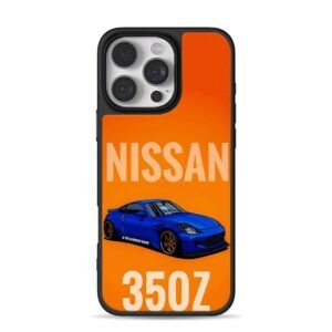 Nissan 350Z blue car on orange Phone Case for iPhone 11-17 & Samsung Galaxy S24-S26