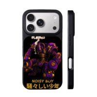 Noisy Boy purple golden robot text iPhone 17 Pro Max Black Case