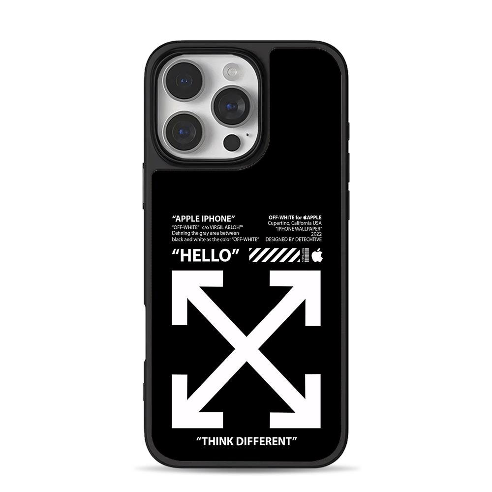 Off White Apple arrow hello print iPhone 16 Pro Max Black Case Off White Apple arrow hello print Phone Case for iPhone 11-17 & Samsung Galaxy S24-S26 - Image 1