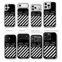 OffWhite black white stripe Hello Chris Brown Phone Case Black Electroplated Silver For Iphone 11 To 17
