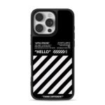 OffWhite black white stripe Hello Phone Case for iPhone 11-17 & Samsung Galaxy S24-S26