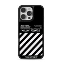 OffWhite black white stripe Hello Phone Case for iPhone 11-17 & Samsung Galaxy S24-S26
