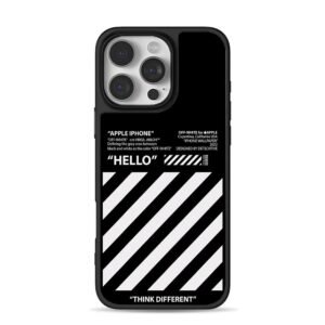 OffWhite black white stripe Hello Phone Case for iPhone 11-17 & Samsung Galaxy S24-S26