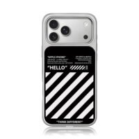 OffWhite black white stripe Hello iPhone 17 Pro Max Electroplated Silver Case1