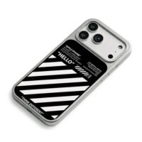 OffWhite black white stripe Hello iPhone 17 Pro Max Electroplated Silver Case2