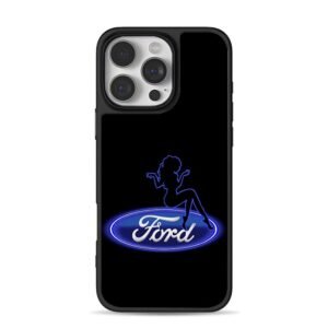 Pinup girl on blue neon Ford logo iPhone 16 Pro Max Black Case