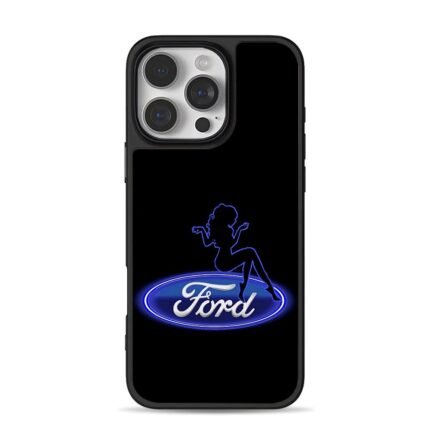 Pinup girl on blue neon Ford logo iPhone 16 Pro Max Black Case