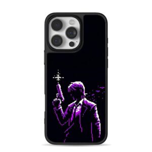 Pixel art purple hitman firing gun iPhone 16 Pro Max Black Case
