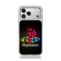 PlayStation logo with game figures iPhone 17 Pro Max Electroplated Silver Case1