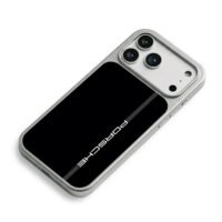 Porsche vertical text on black iPhone 17 Pro Max Electroplated Silver Case2