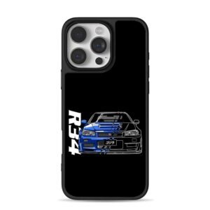 R34 GT R JDM half blue car art iPhone 16 Pro Max Black Case