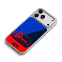 Red BMW M3 rear on blue red iPhone 17 Pro Max Electroplated Silver Case2
