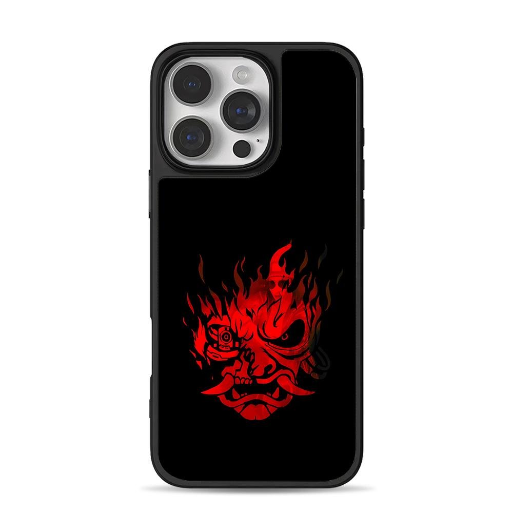 Red cyberpunk samurai oni fire mask iPhone 16 Pro Max Black Case Red cyberpunk samurai oni fire mask iPhone 16 Pro Max Black Case