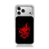 Red cyberpunk samurai oni fire mask iPhone 17 Pro Max Electroplated Silver Case1