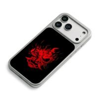 Red cyberpunk samurai oni fire mask iPhone 17 Pro Max Electroplated Silver Case2