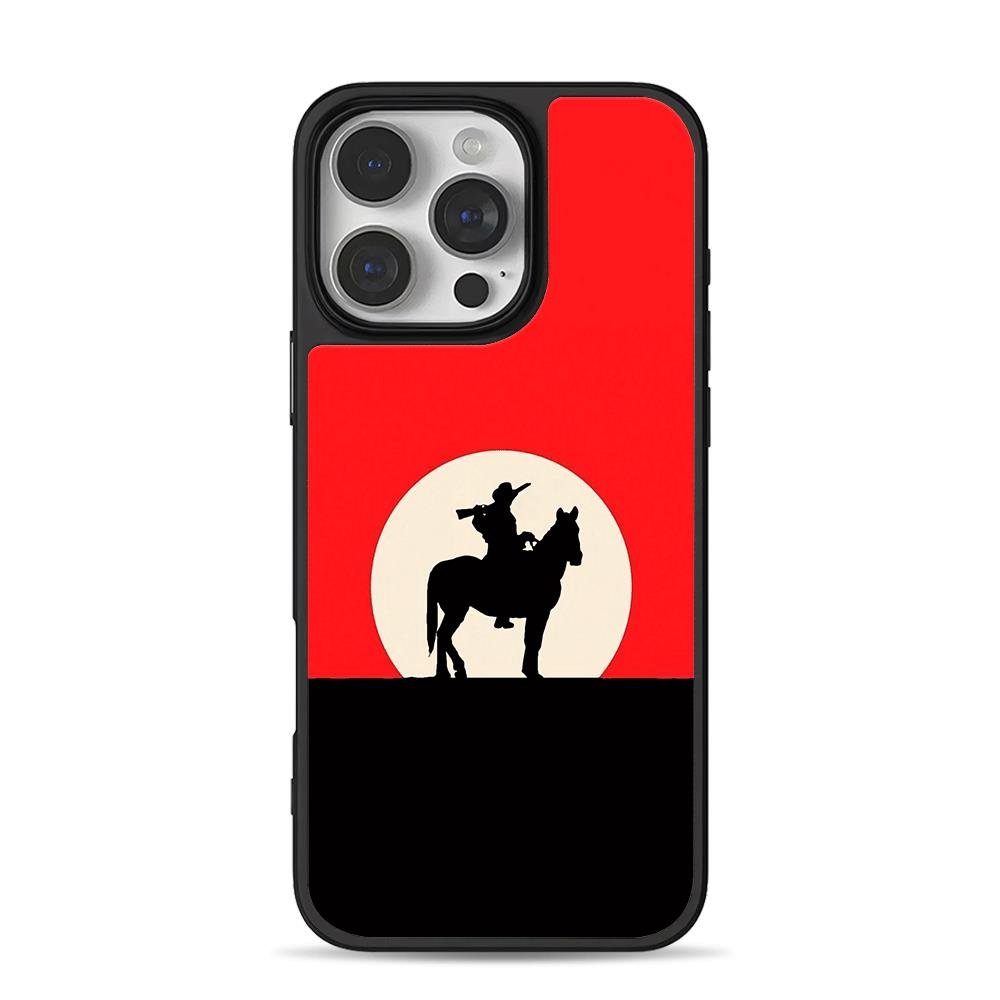 Red Dead cowboy on horse silhouette iPhone 16 Pro Max Black Case Red Dead cowboy on horse silhouette iPhone 16 Pro Max Black Case