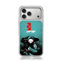 Red glowing eyed armored robot iPhone 17 Pro Max Electroplated Silver Case1
