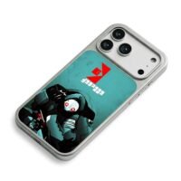 Red glowing eyed armored robot iPhone 17 Pro Max Electroplated Silver Case2