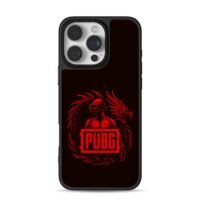 Red PUBG logo with helmeted soldier and coiled red dragon iPhone 16 Pro Max Black Case