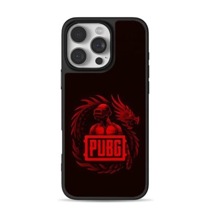 Red PUBG logo with helmeted soldier and coiled red dragon iPhone 16 Pro Max Black Case