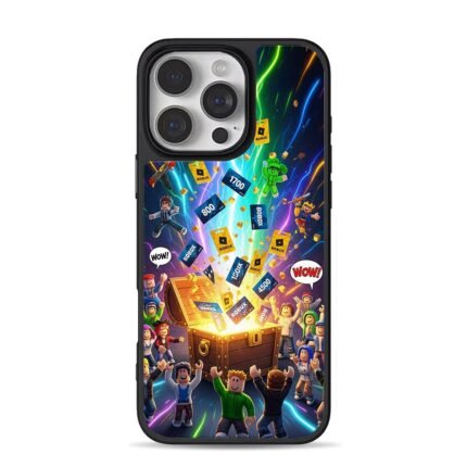 Roblox chars cheer Robux from chest iPhone 16 Pro Max Black Case