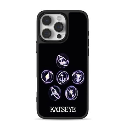 Six glowing Katseye icons on black iPhone 16 Pro Max Black Case