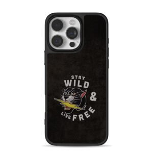 Stay Wild Live Free panther bolt art iPhone 16 Pro Max Black Case